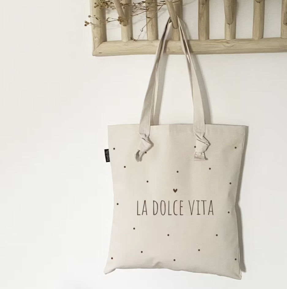 Sac tote bag avec double anses. Sac à motifs à pois et floqué "Dolce Vita"